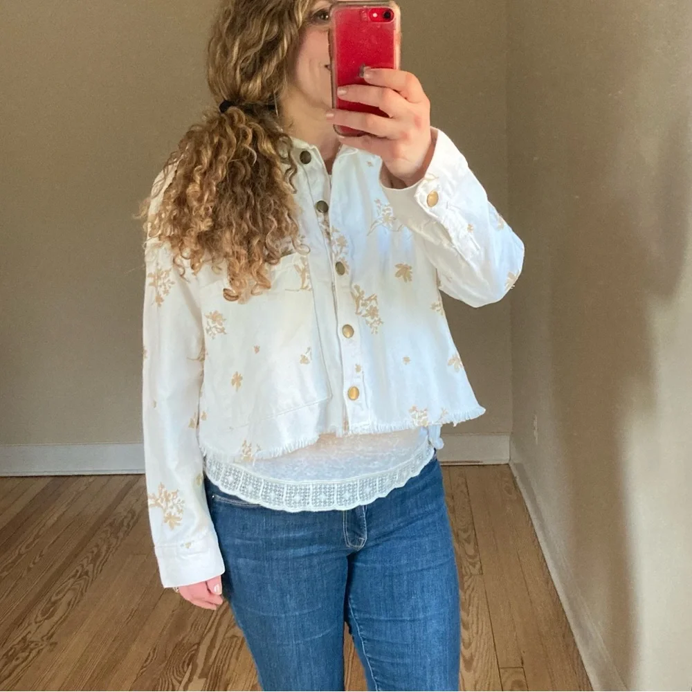 NEW Zara denim‎ jacket jean shirt white metallic floral embroidery extra small